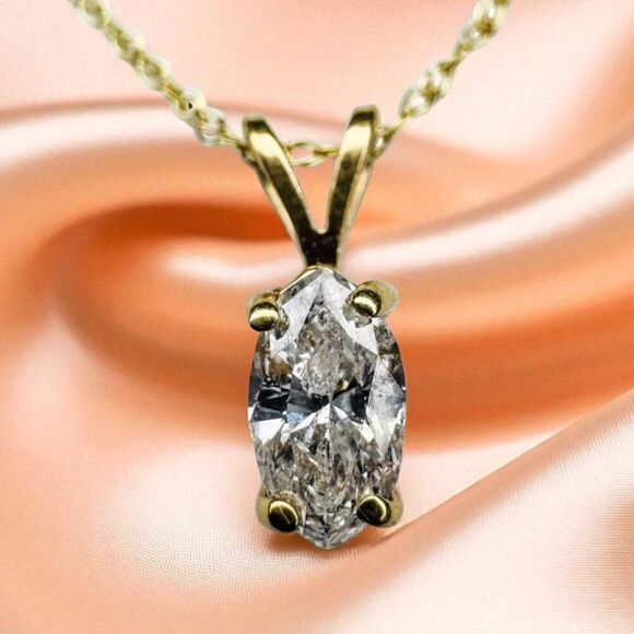 14k Gold- Natural Diamond Necklace- .40 CT- Marquise Diamond -18"- Solitaire-1g - Picture 1 of 16